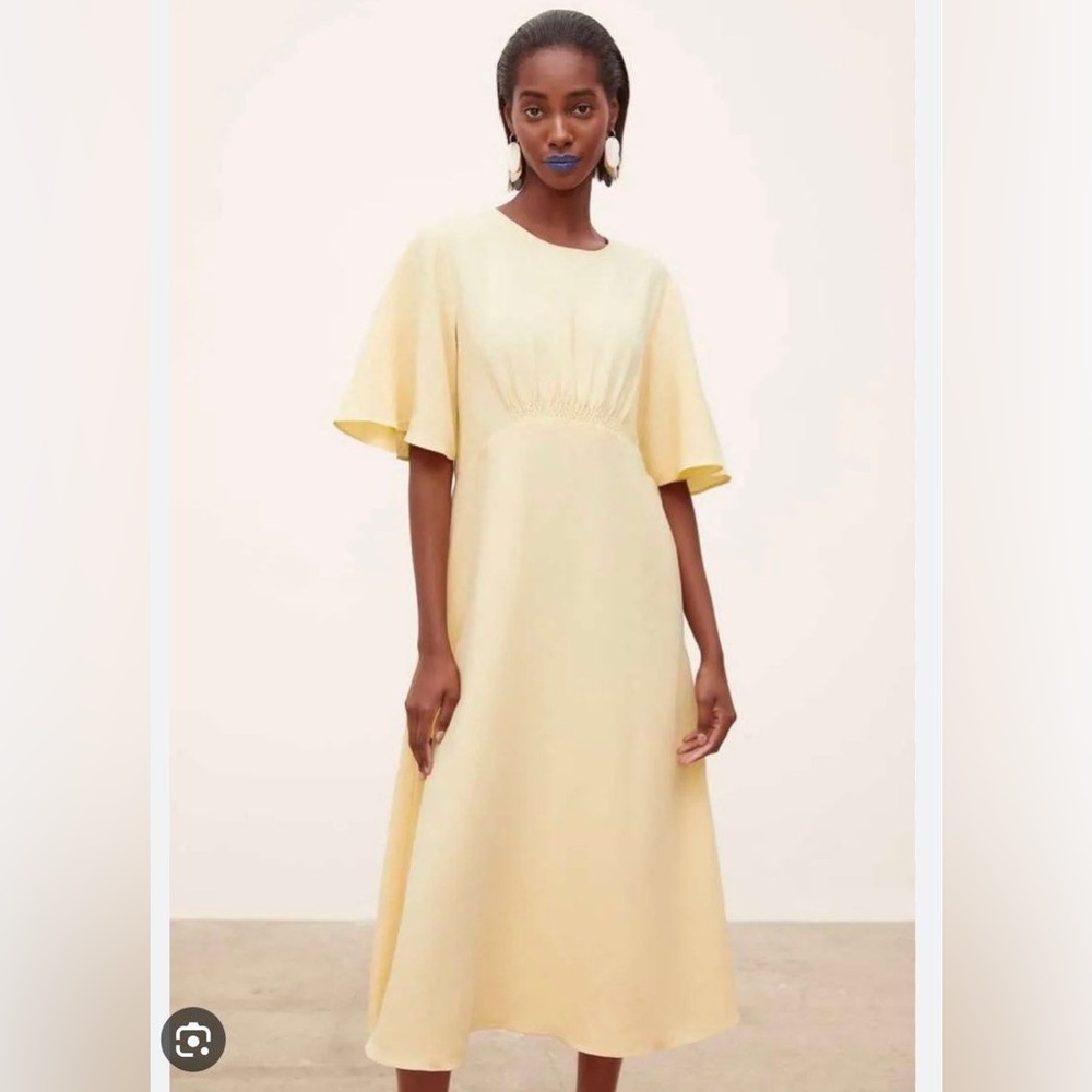 ZARA 100% Linen Midi Dress with Short Flutter Sleeves